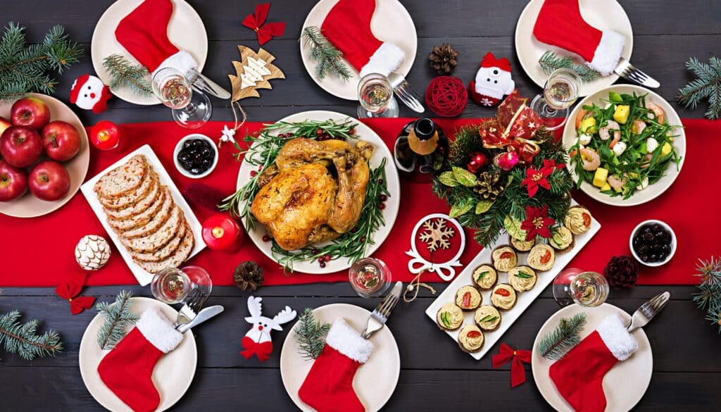 Table de Noël saine avec options de repas légers, décorations festives et conseils de gestion de poids de Catlion
