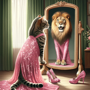 Chat confiant voit le reflet d'un lion dans un miroir, symbolisant la transformation et l'auto-renforcement, idéal pour l'article de Catlion sur la positivité corporelle et la transformation bien-être.